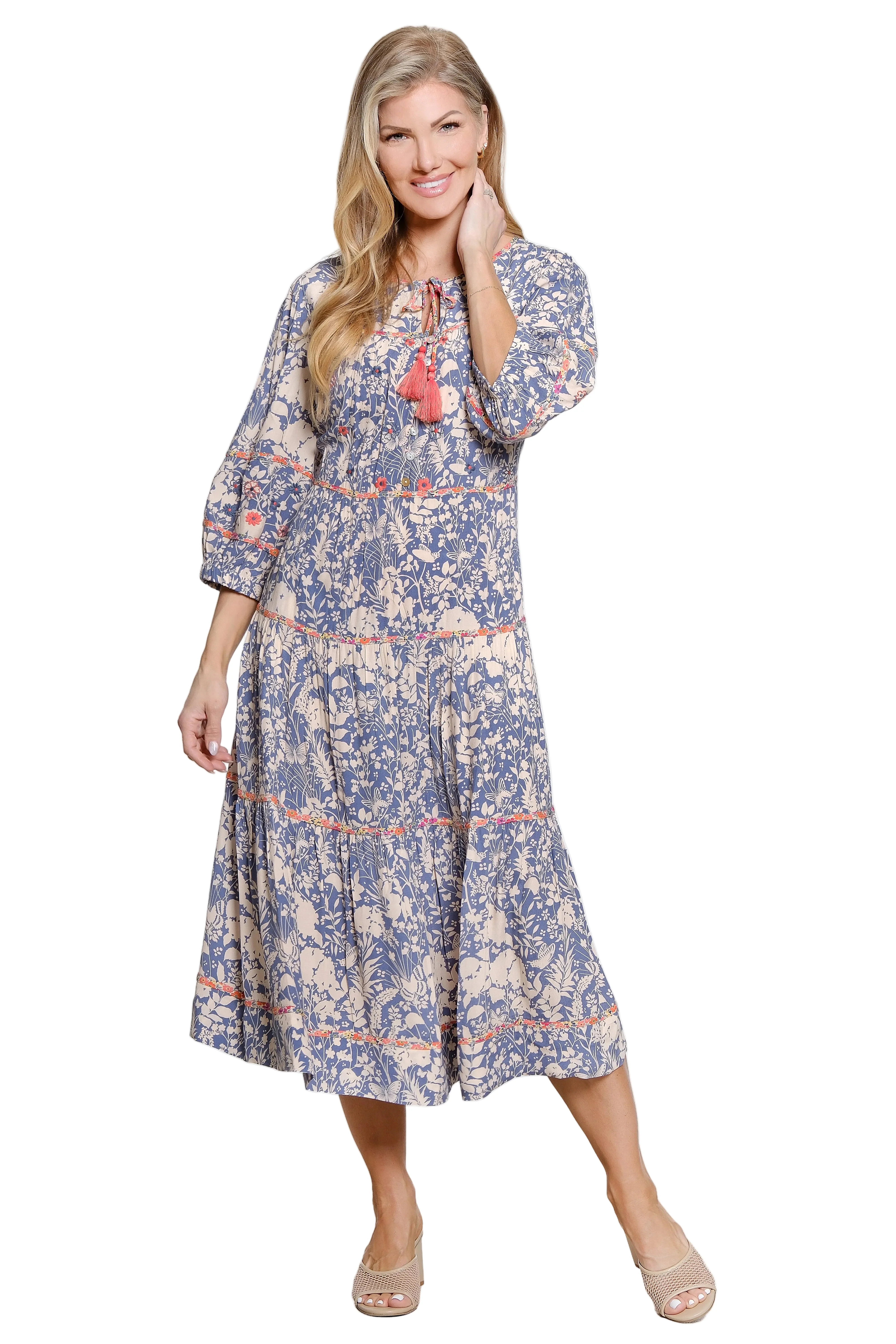 John Mark Floral Print Tiered Dress(J16355DM)(Blue/Floral)