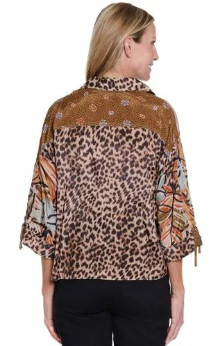 John Mark Mix Print Button & Tie Front Dolman Cinch Sleeves Top (J35443BM) - Image 2