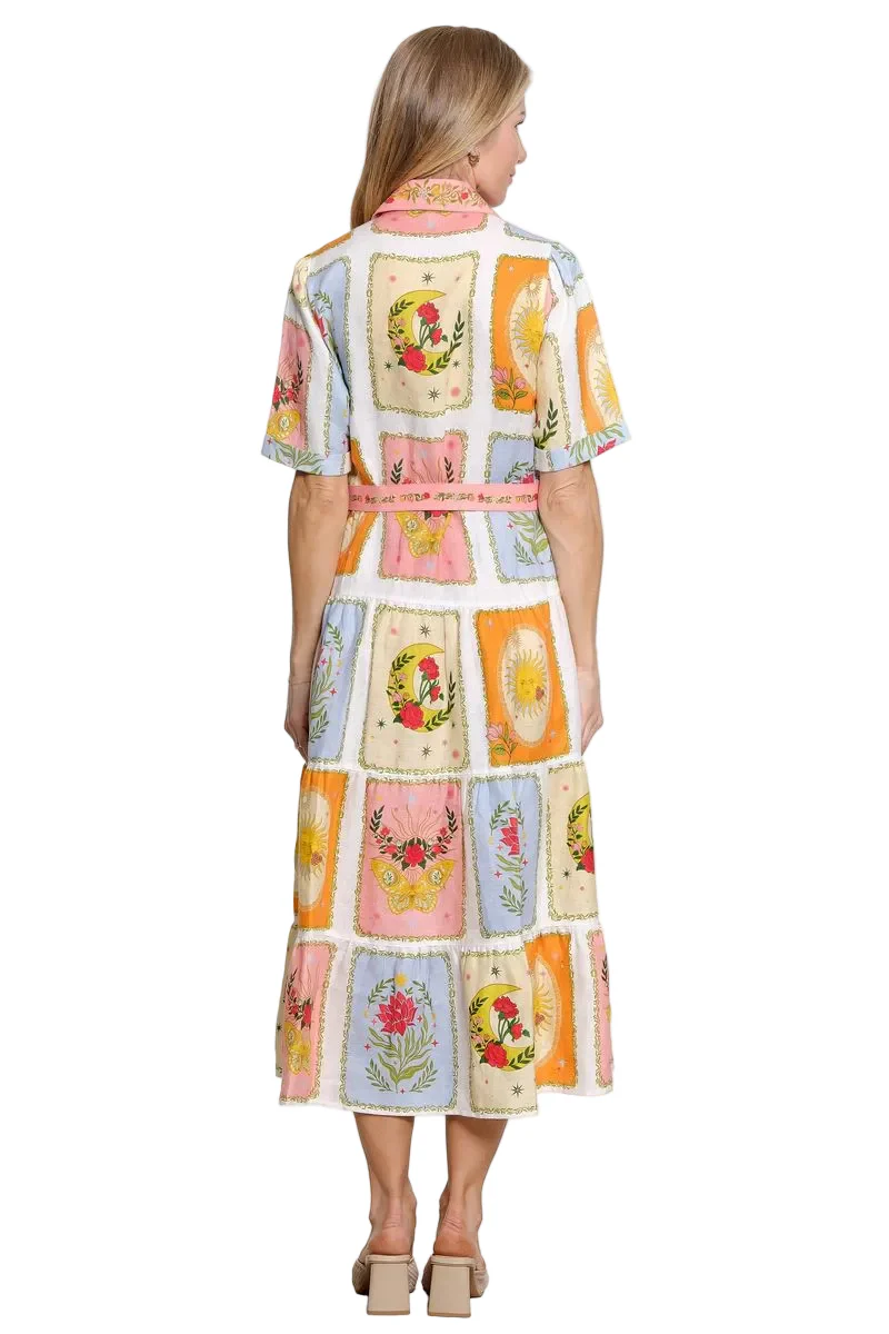 John Mark Floral Patchwork Midi Linen Dress with Belt (J16349DM) (Multi) - Image 2
