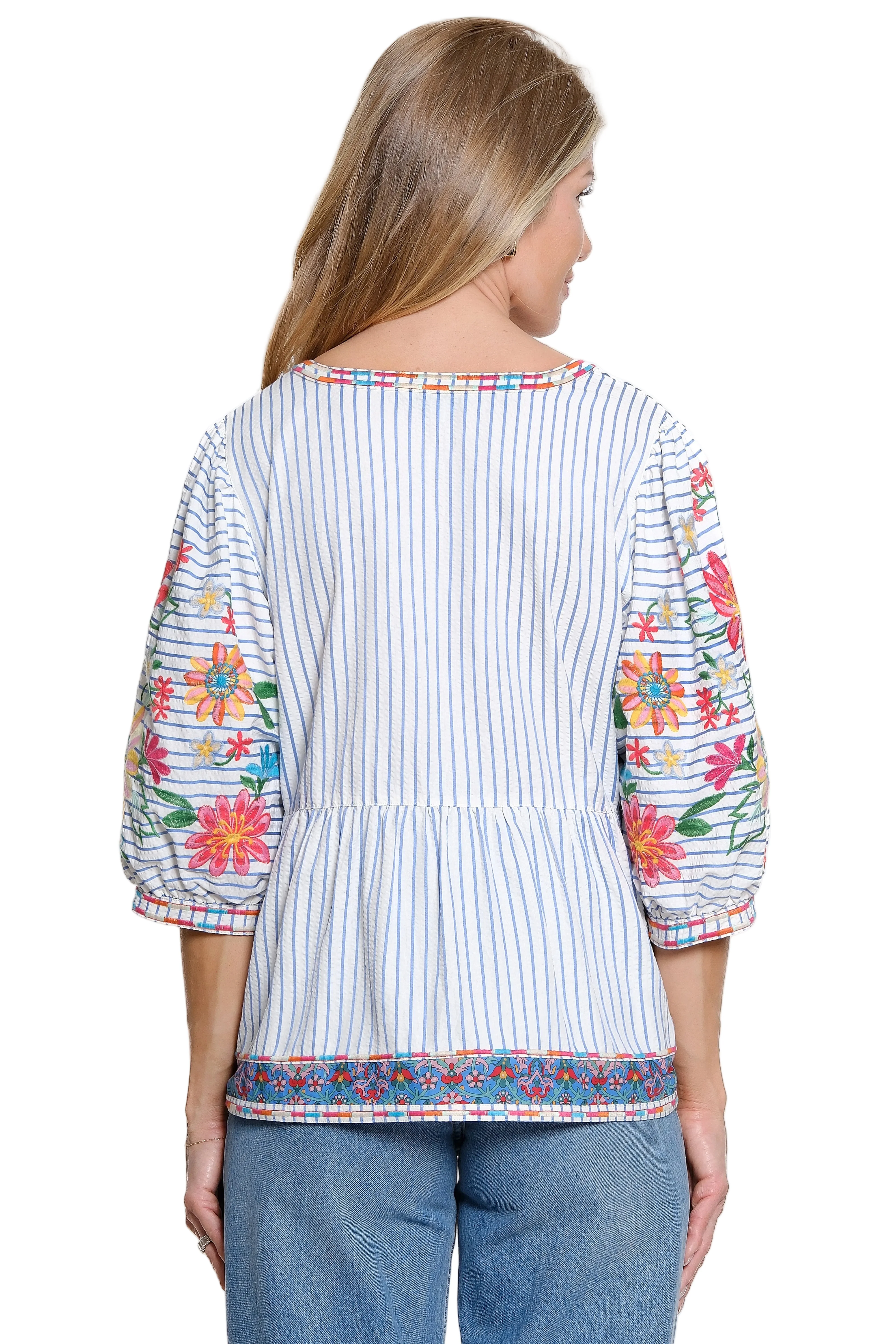 John Mark Striped Floral Embroidered Top With Balloon Sleeves (J26440TM) - Image 2