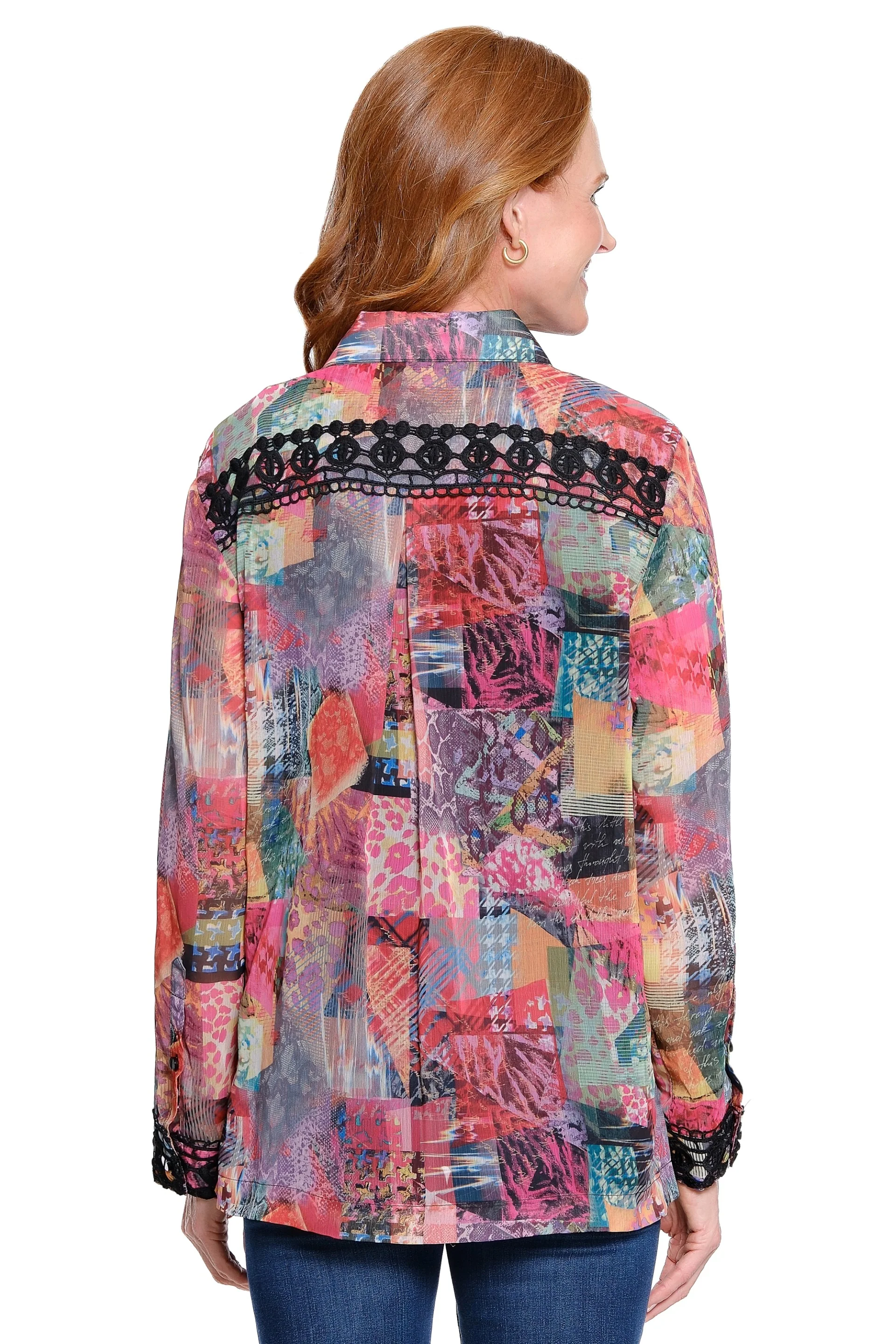 John Mark Patch Print Lace Details Button Front Shirt (MLTPNK) - Image 2