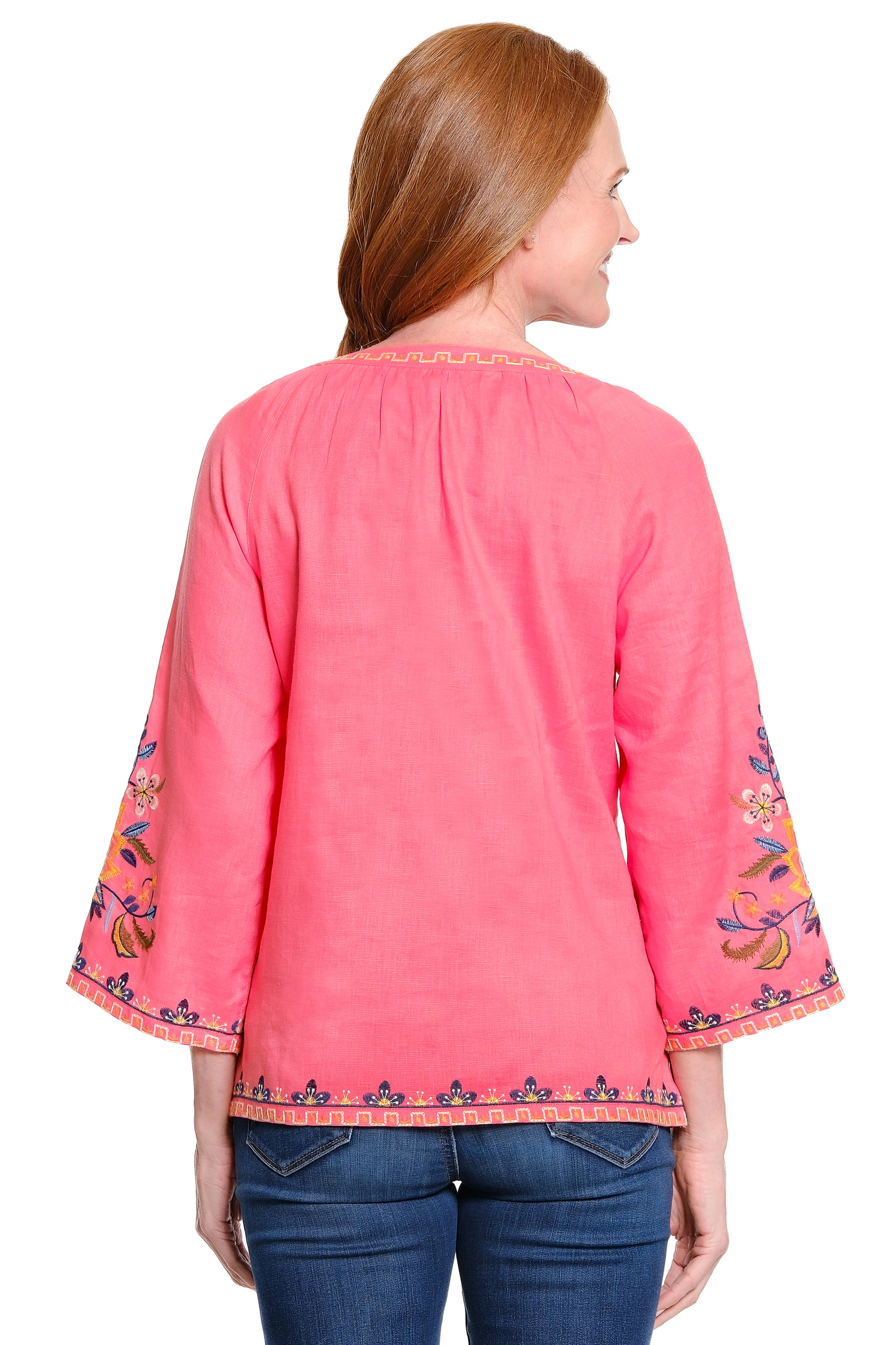 John Mark Embroidered  Linen Tie Front Peasant 3/4 Sleeve Top (Coral)(J16232TM) - Image 2