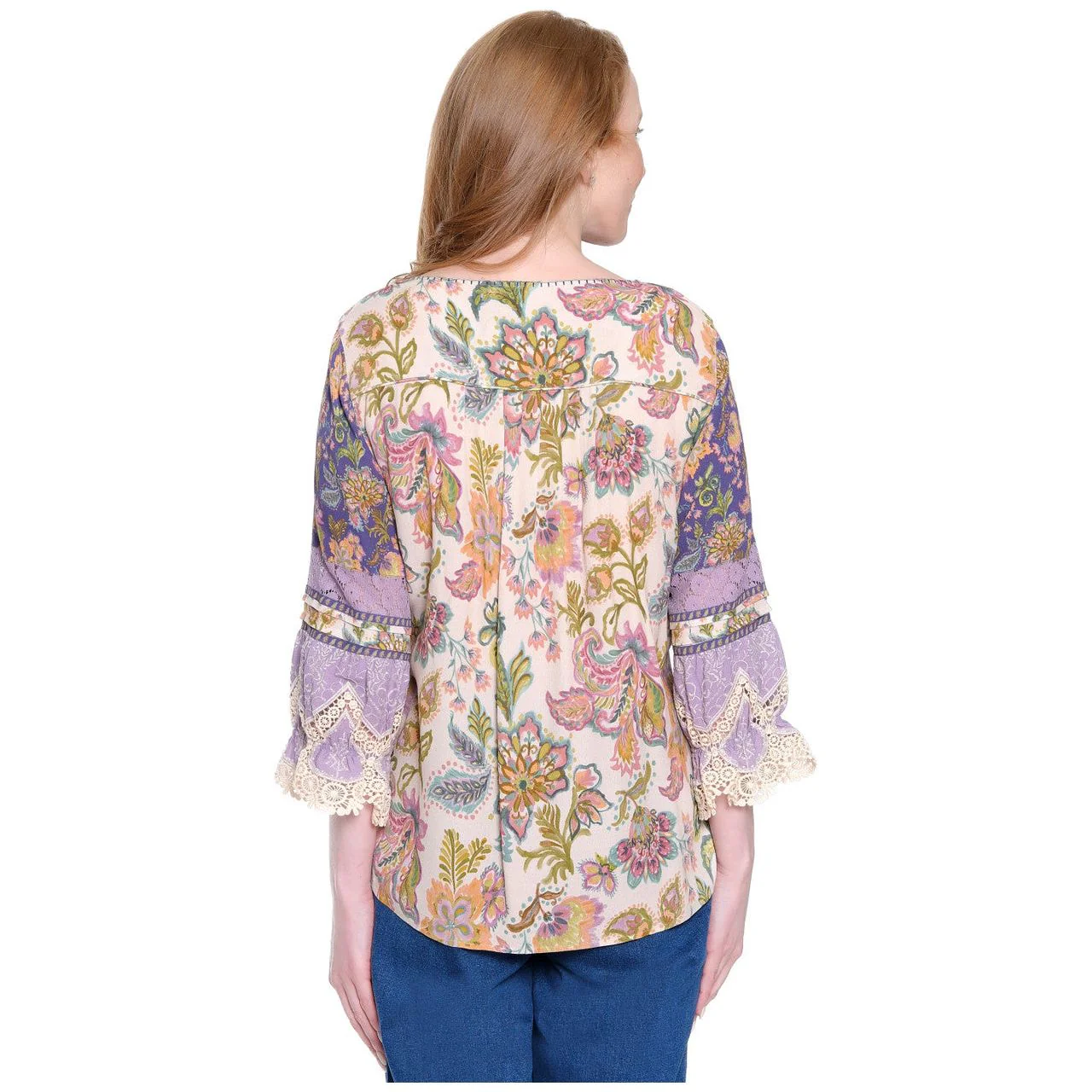 John Mark Purple Floral Mix Print Tassel Tie Peasant Top (J35745TM ) - Image 2