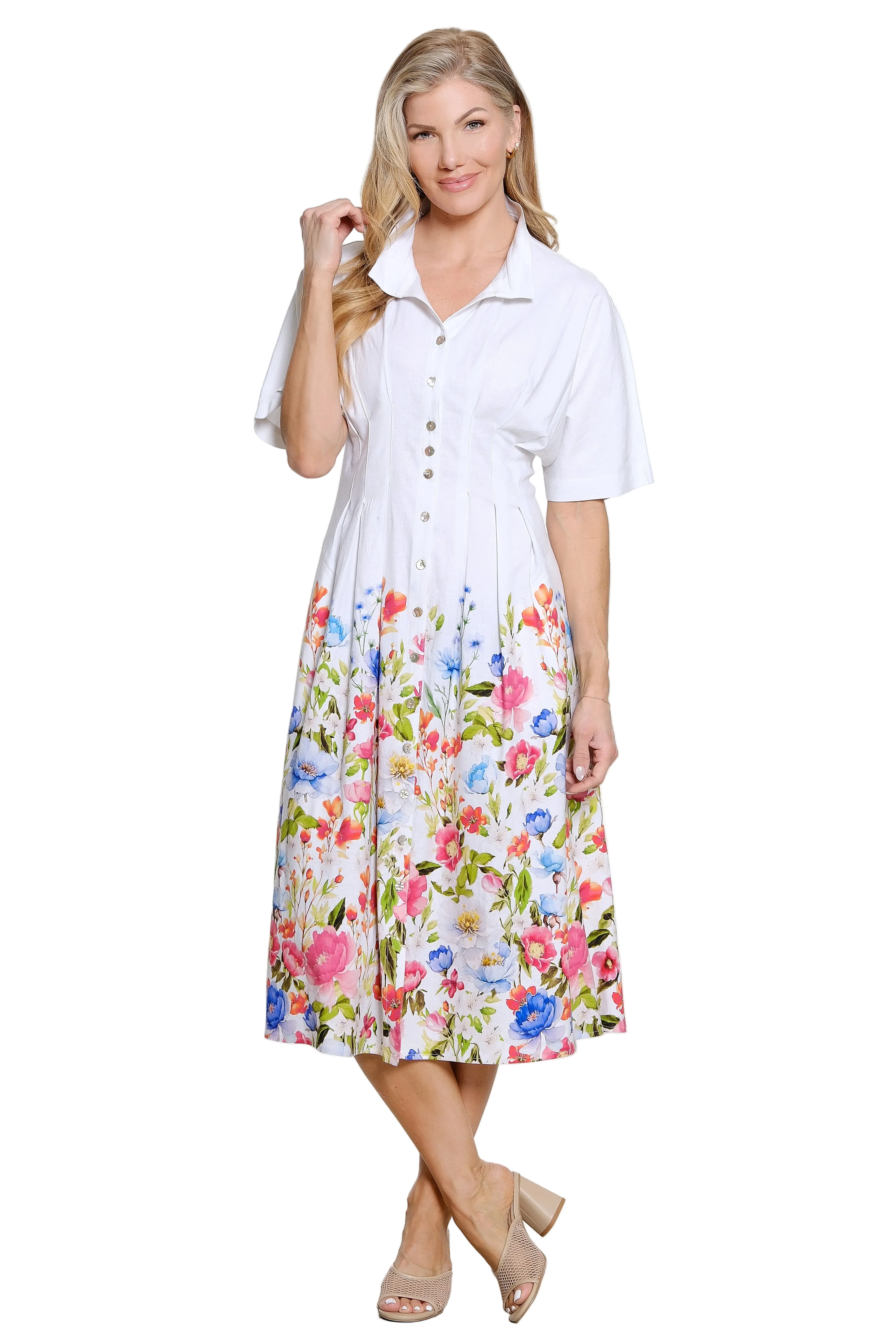 John Mark Linen Floral Border Dress with Pleated Waist (J26450DM) (WHTFLR)