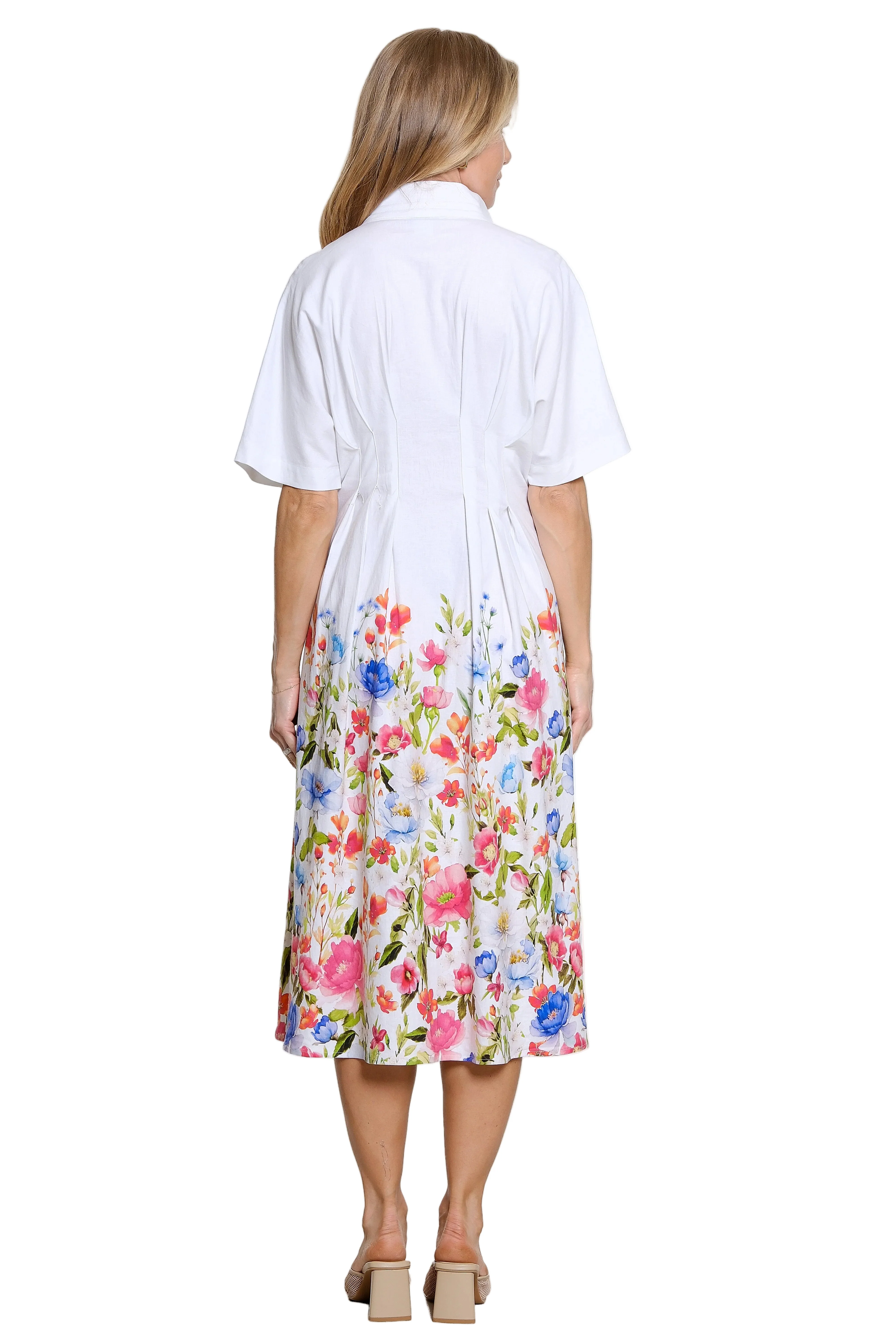 John Mark Linen Floral Border Dress with Pleated Waist (J26450DM) (WHTFLR) - Image 2