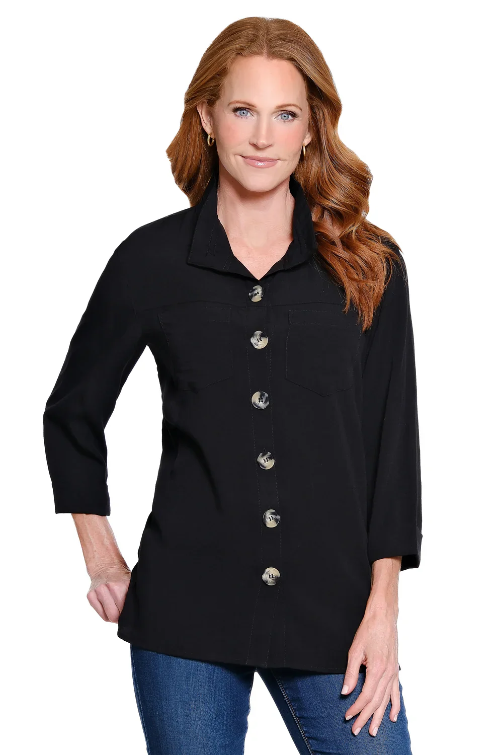 John Mark Solid Wire Collar Button Front 3/4 Sleeve Camp Shirt (4 Colors) - Image 3