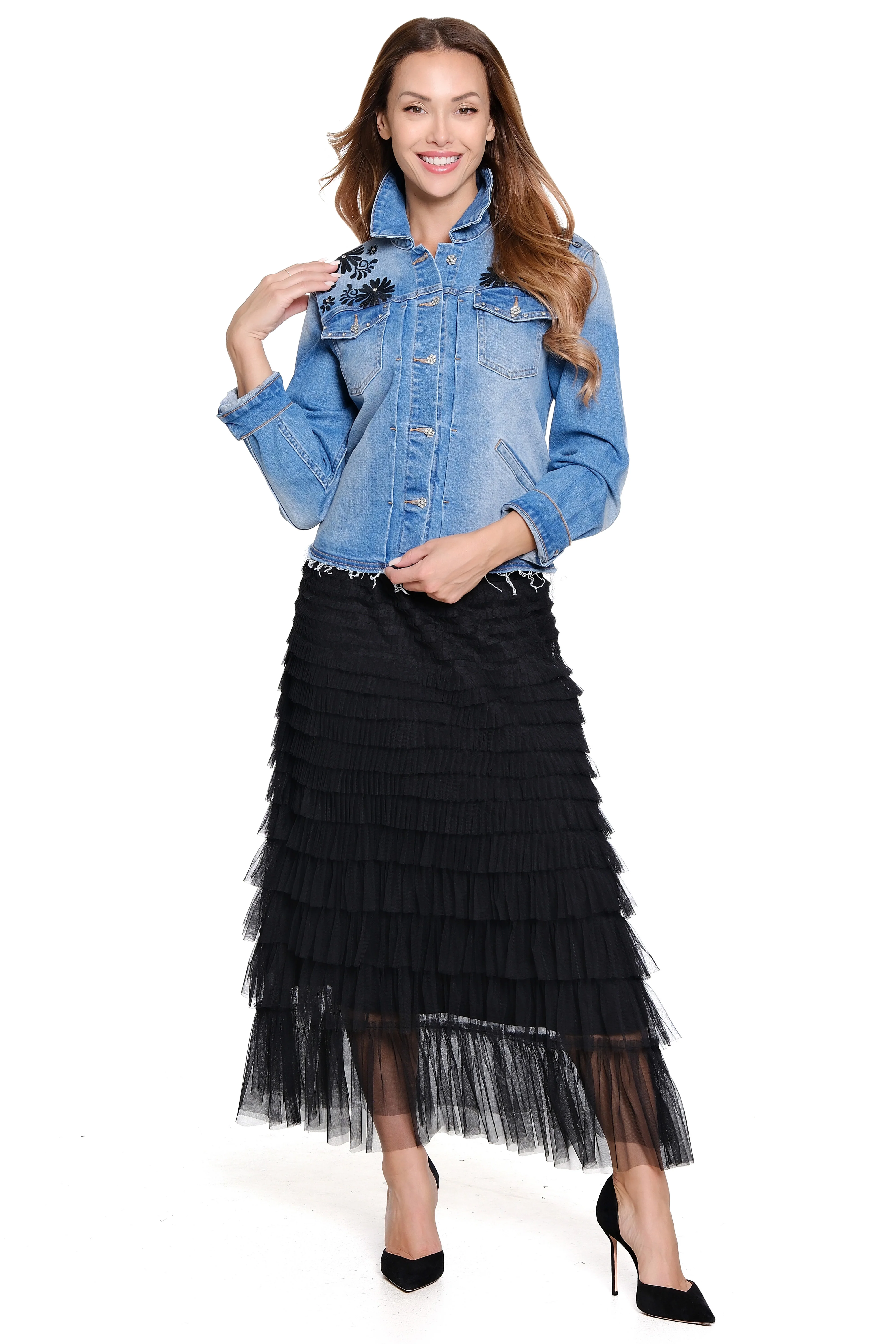 John Mark Tiered Tulle Lined Pull On Skirt (J45566SM) (BLK) - Image 2