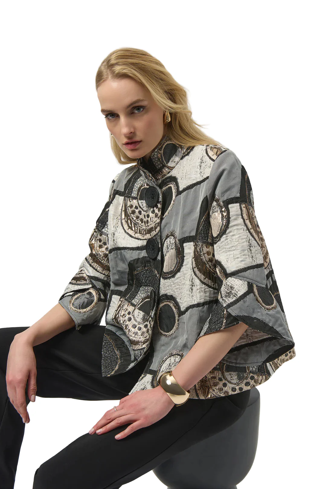 Joseph Abstract Jacquard Trapeze Jacket with  Tulip sleeves (254003-178)(Black Multi ) - Image 4