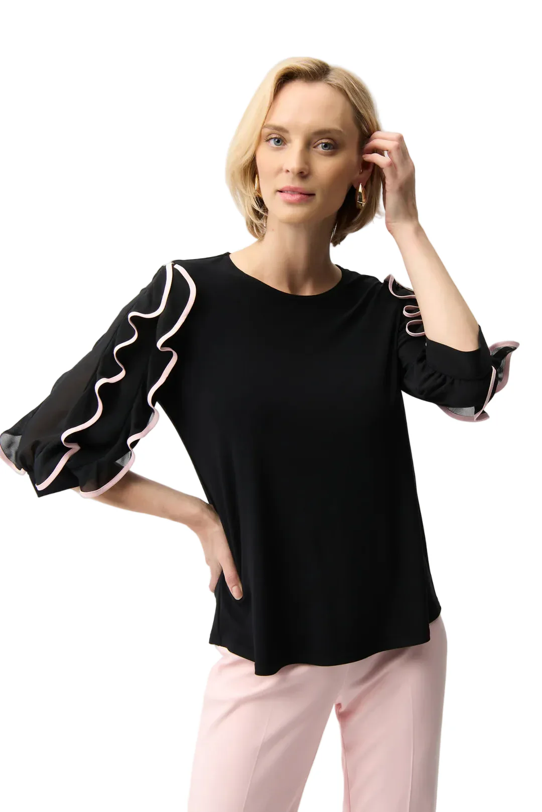 Joseph Ribkoff Hip-length Ruffled Pullover Style (261009)(Black Pink)