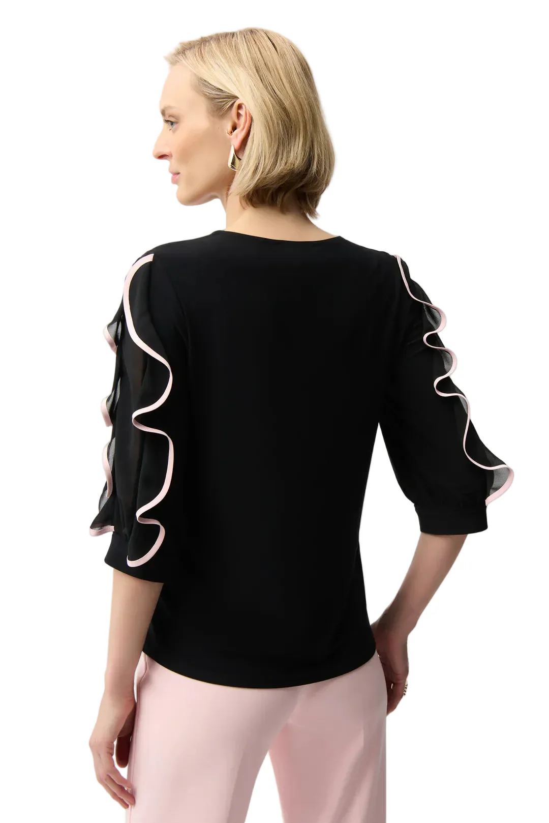 Joseph Ribkoff Hip-length Ruffled Pullover Style (261009)(Black Pink) - Image 2