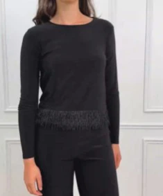 Joseph Ribkoff Chic Fringe & Jewel Adorned Hem Crew Neck Black Pullover(254148-11) - Image 3