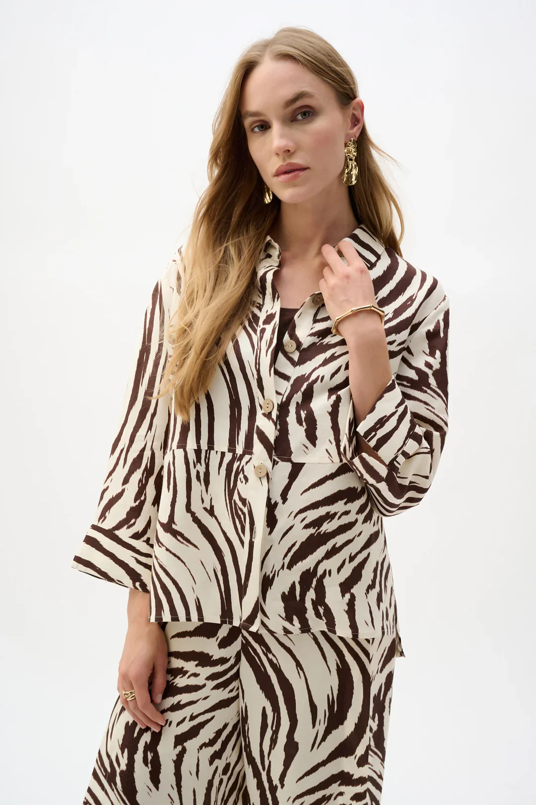 Joseph Ribkoff Linen Blend Animal Print A-Line Blouse(262943)(Beige/Brown)