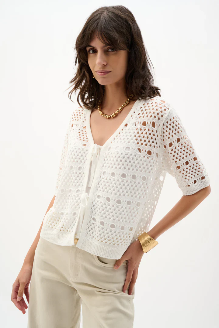 Joseph Ribkoff Tie Front Crochet Short Sleeve Cover-Up Top ( 262965)(Vanilla)
