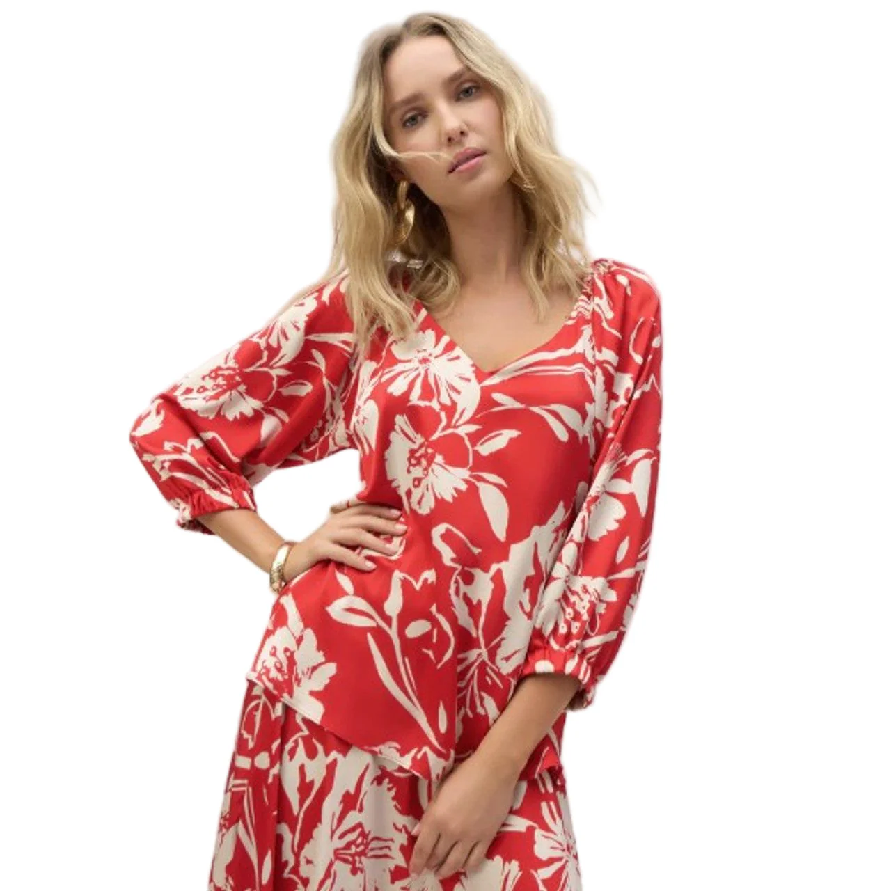 Joseph Ribkoff Print Elastic neckline Tunic (252119) ( Red Cream) - Image 3