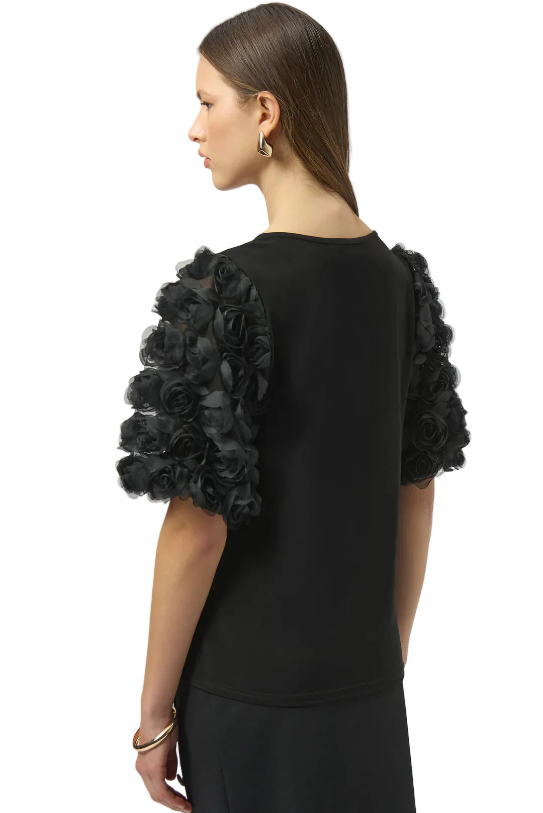 Joseph Ribkoff Rosette Embroidered Sleeves Black Top - Image 2