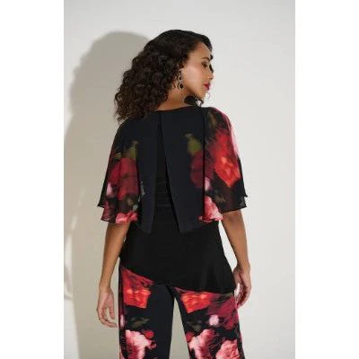 Joseph Ribkoff Solid Black Top With Floral Print Sleeve (253763) - Image 2