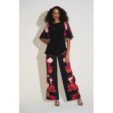 Joseph Ribkoff Solid Black Top With Floral Print Sleeve (253763) - Image 3