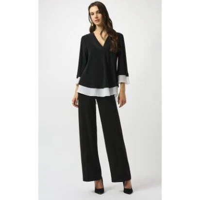 Joseph Ribkoff V-Neck Flare Sleeve Pullover (Black and White) (253082) - Image 3