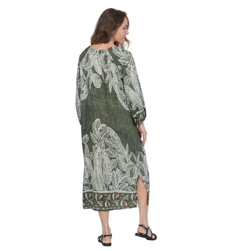 Lior Jungle Garden Print Drawstring Neck Long Dress (Christina-1-ar)(Olive) - Image 2
