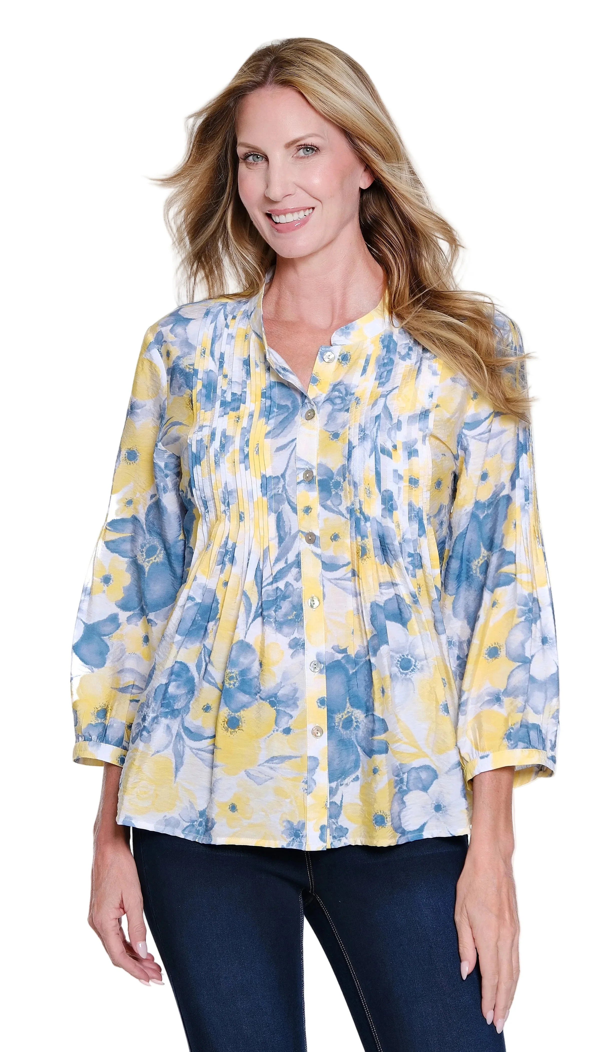 Multiples Band Collar Tuck front Petite Blouse (M16511BP)