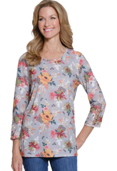 Multiples Floral Print Lace Detail Knit Top (M35608TM) (GRYMULTI)