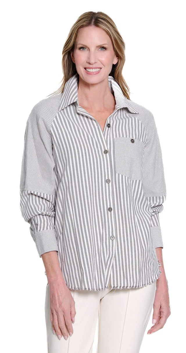 Multiples Block Stripe Pattern Cuffed Button Front Shirt (2 Colors) - Image 2
