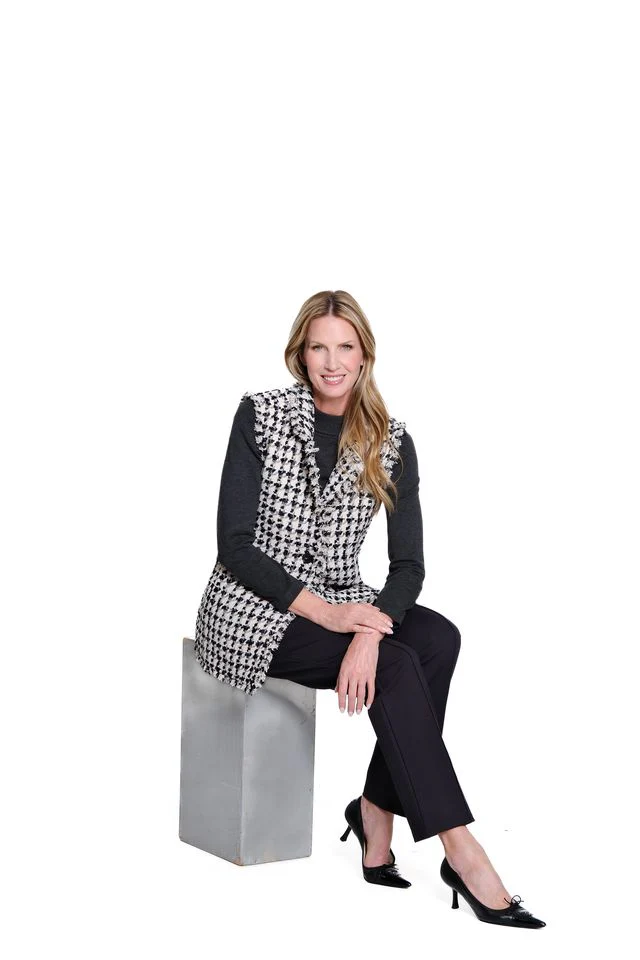 Multiples Petite Lapel Collar Fringed Edges Button Front Vest (M45202VP)(Black Ivory ) - Image 2