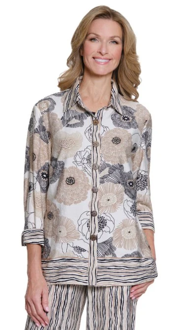 Multiples Petite Floral Print Shirt (BLK/WHT/TAN) (M35304Bp)