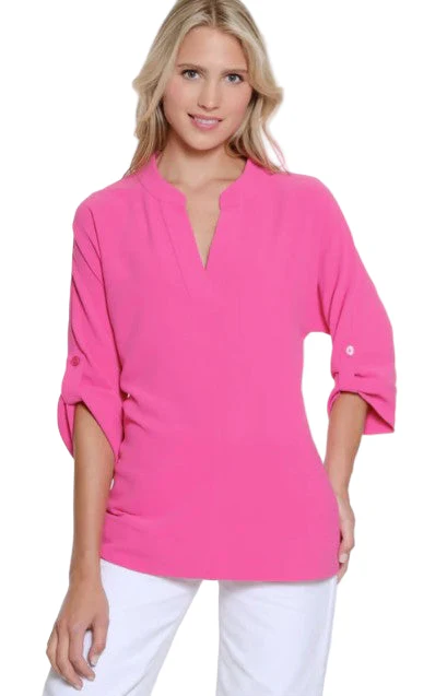 Multiples Roll Tab Sleeve Y-Neck Collar Solid Top (2 Colors) - Image 3