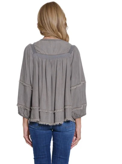 Multiples Embroidered Tie Front Shirred Top (M35607TM) (GRY) - Image 2