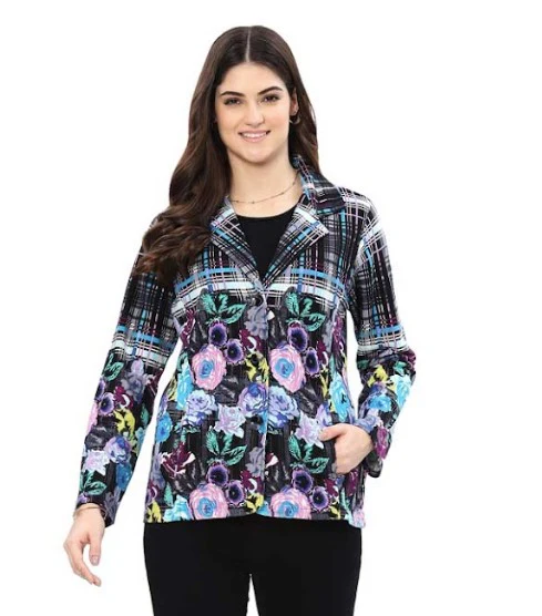 Parsley & Sage Bloom Floral & Plaid Print Jacket (BLK/TURQ/PNK) - Image 2