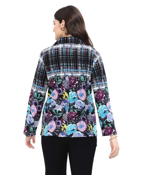 Parsley & Sage Bloom Floral & Plaid Print Jacket (BLK/TURQ/PNK) - Image 3