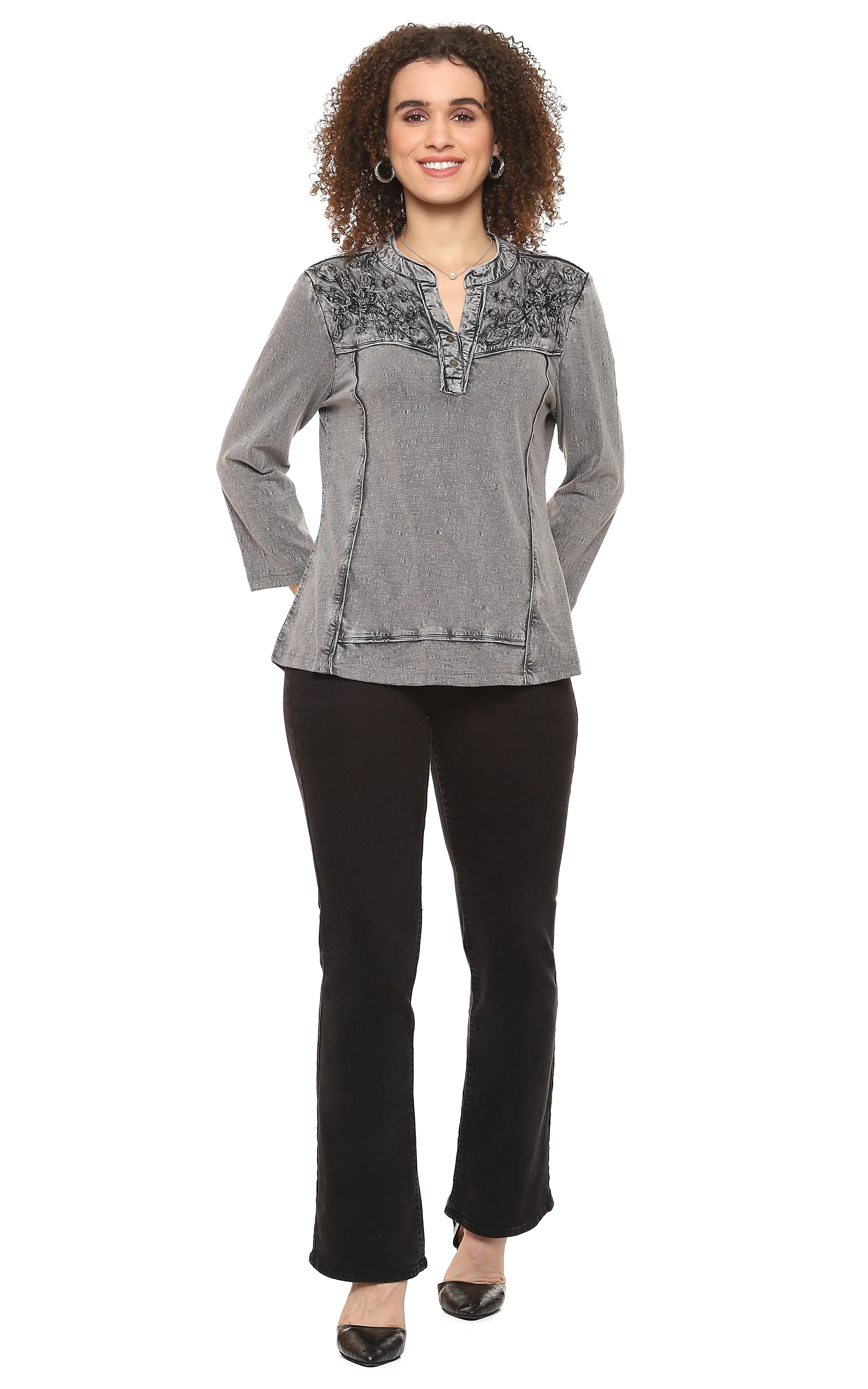 Parsley & Sage Lana Vintage Wash Tonal Embroidery Henley Tunic (Silver)(24F562C)