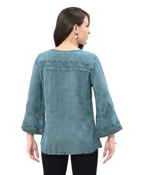 Parsley & Sage Finn Vintage Wash Tonal Embroidery Top (TEAL) - Image 2