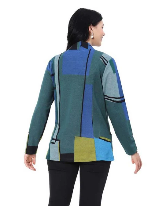 Parsley & Sage Greta Geo Print Open Front Jacket (BLU/GRN) - Image 2