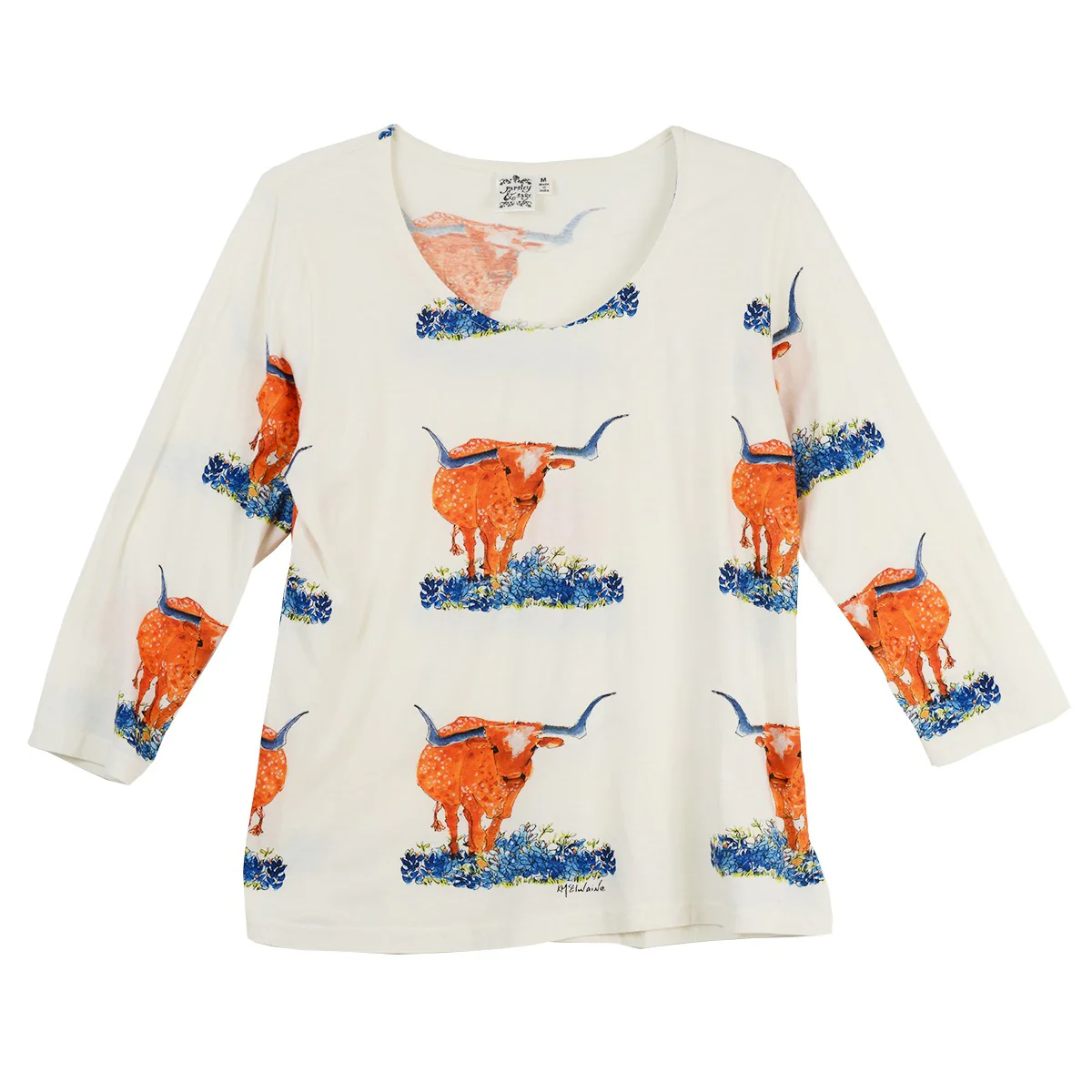 Parsley & Sage Kathleen McElwaine Steer Bluebonnet 3/4 Sleeve Tee (WHT)