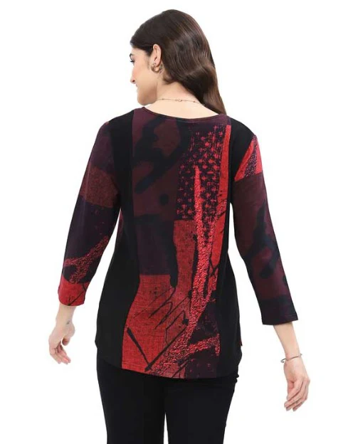 Parsley & Sage Luann Abstract Print V-Neck Top (BLK/RED) - Image 2