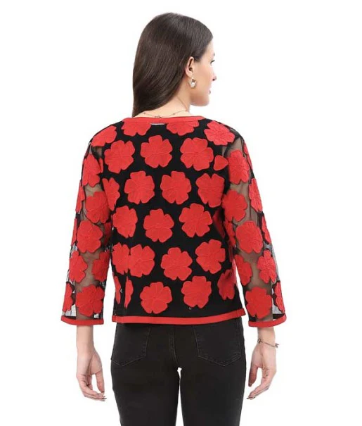 Parsley & Sage Maribell Black Sheer Red Floral Short Jacket - Image 2