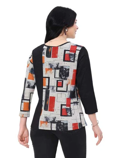 Parsley & Sage Martha Abstract Print Button Top (BLK/GRY/RED) - Image 2
