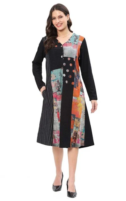 Parsley & Sage Vanita Multi-Pattern Dress (BLK)