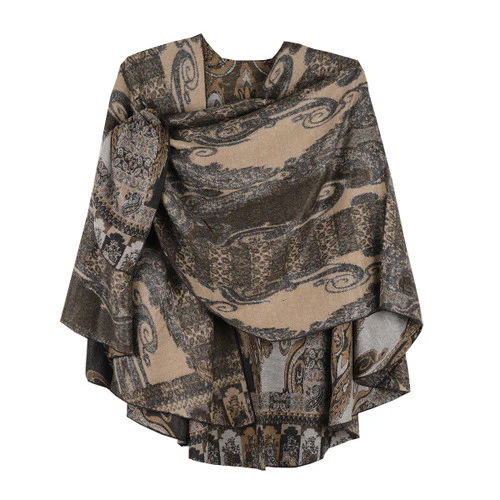 Rapti 100% Cashmere Baroque Pattern Reverse Loop Shawl #47 (BLK/TAN/GRY) - Image 3