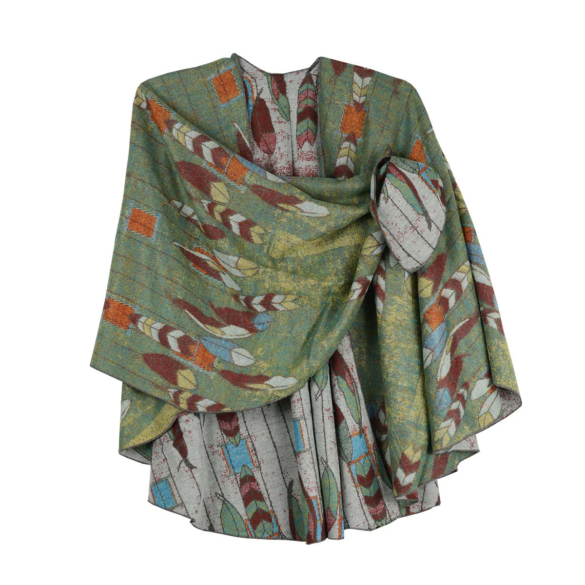 Rapti 100% Cashmere Feather Reversible Loop Shawl (#16) OLV/OFFWHT - Image 2
