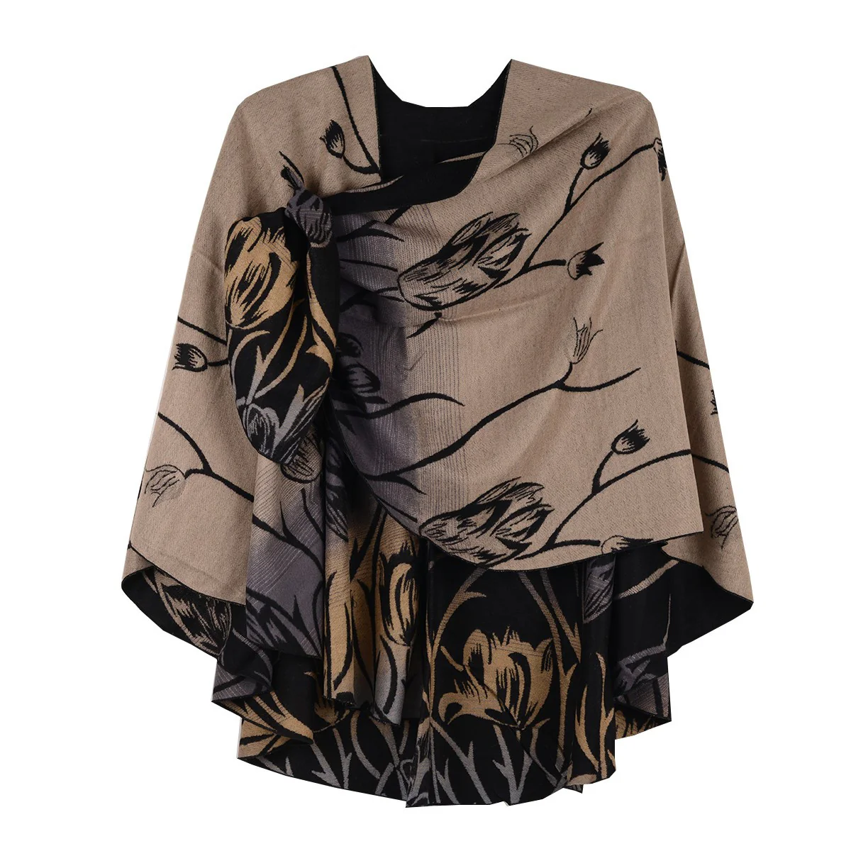 Rapti 100% Cashmere Floral Pattern Reverse Loop Shawl #50 (BLK/TAN) - Image 2