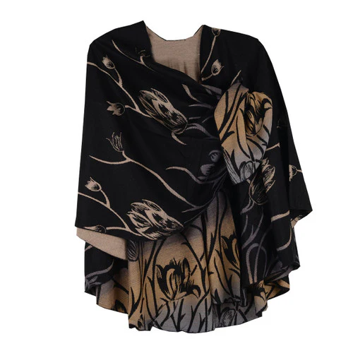 Rapti 100% Cashmere Floral Pattern Reverse Loop Shawl #50 (BLK/TAN) - Image 3