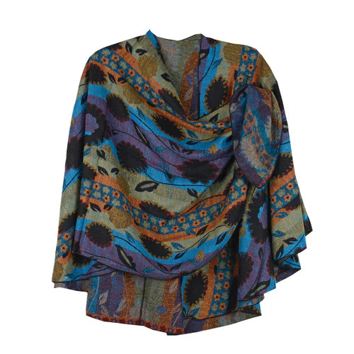 Rapti 100% Cashmere Floral/Stripe Reverse Loop Shawl (#52) BLU/PURP/ORNG/OLV - Image 3