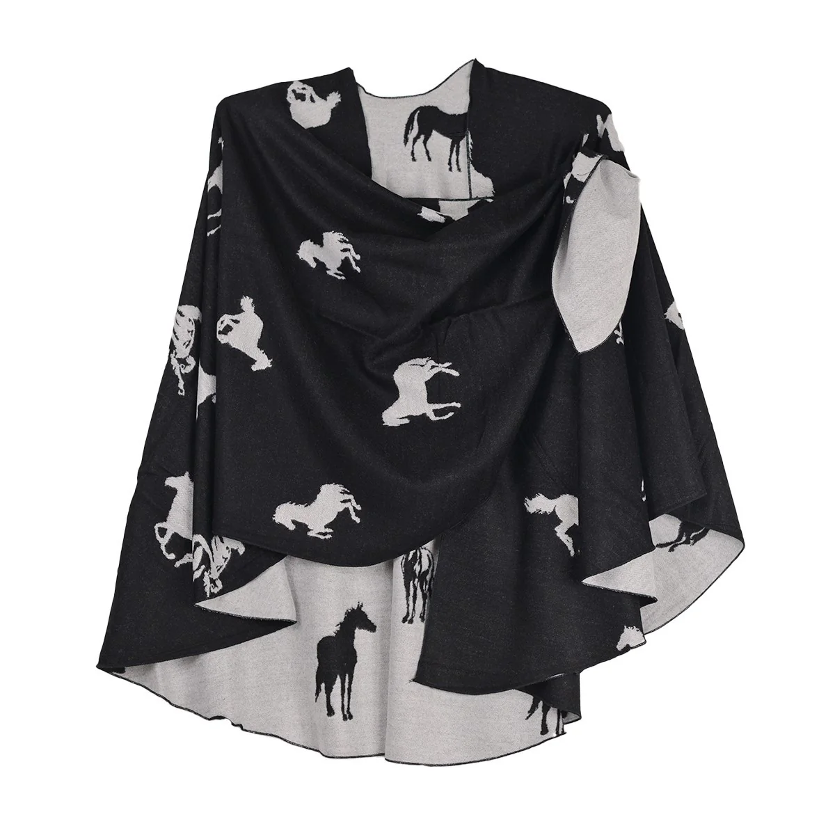 Rapti 100% Cashmere Horses Print Reversible Loop Shawl (#123) BLK/WHT