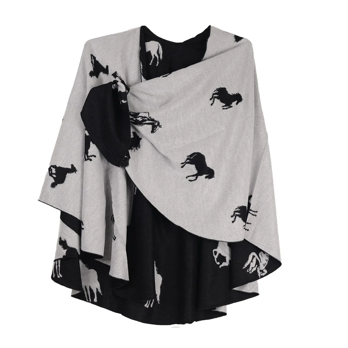 Rapti 100% Cashmere Horses Print Reversible Loop Shawl (#123) BLK/WHT - Image 2