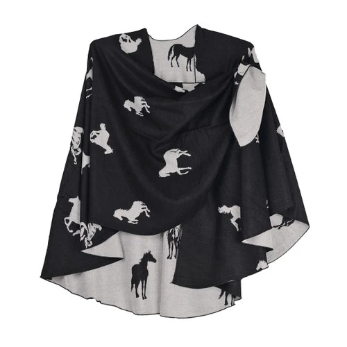 Rapti 100% Cashmere Horses Print Reversible Loop Shawl (#123) BLK/WHT - Image 3