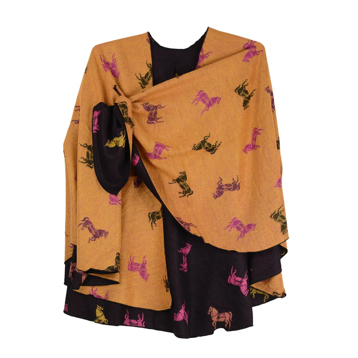 Rapti 100% Cashmere Horses Print Reversible Loop Shawl (#124) BLK/PNK - Image 2