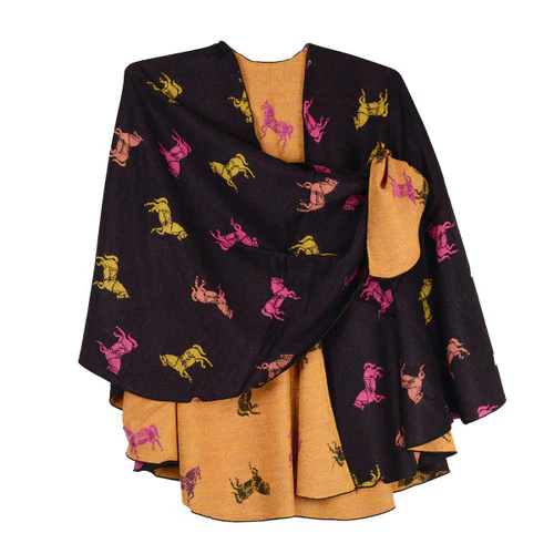 Rapti 100% Cashmere Horses Print Reversible Loop Shawl (#124) BLK/PNK - Image 3